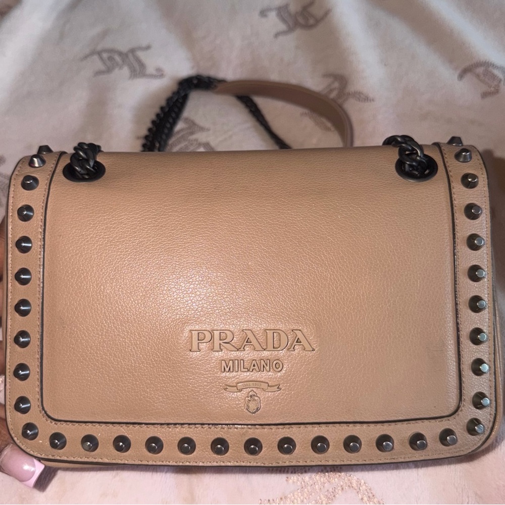 Prada Beige Leather Stud-Trim Shoulder Bag with Chain Strap